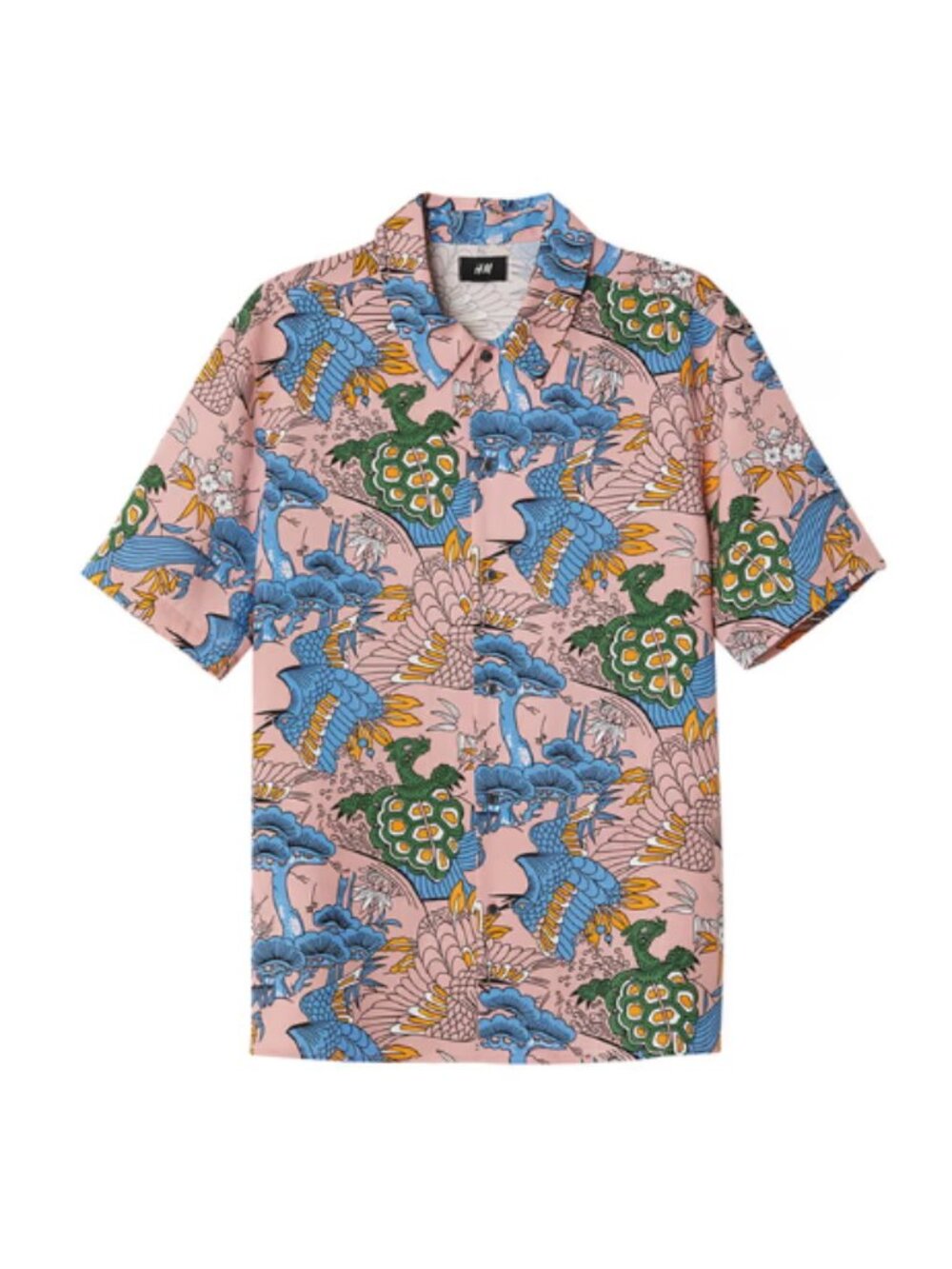 H&M Men's Short-Sleeve Button-Up Pink Japanese-Inspired Crane,Tortoise Shirt